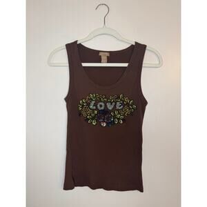 Vintage Y2K Gadzooks Beaded LOVE Tank Brown Large Indie Fairy Grunge Whimsigoth